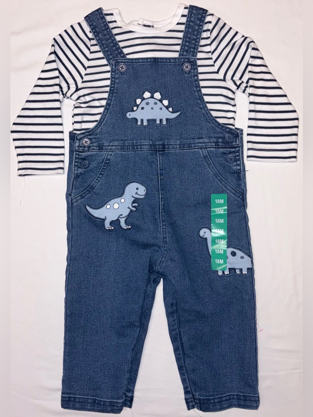 Little Me Dinosaur applique overalls and matching stripe tee sz 18 months NWT